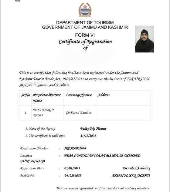 Valley Trip Planner registered travel agency certificate in Srinagar Kashmir