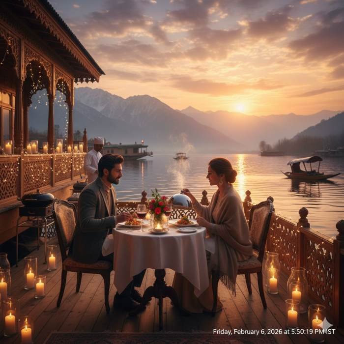 Romantic Dal Lake houseboat night on a Kashmir honeymoon